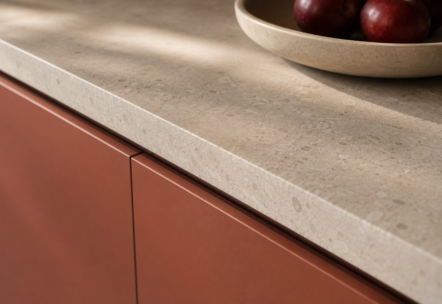 Close detail of a stone worktop and cabinet hardware