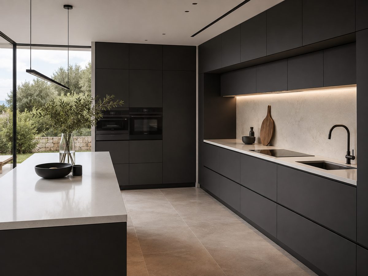 A handleless kitchen with matte lacquer fronts